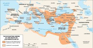 The Byzantine Empire at the death of Justinian I in 565 ce