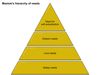 Diagram that presents Maslow's hierachy of needs in the shape of a triangle split into five levels. The bottom level is labeled physiological needs; the next level up is safety needs, and the level above that is love needs. The next level is esteem needs. At the top of the triangle is need for self-actualization.