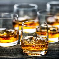 Glass of scotch whiskey and ice